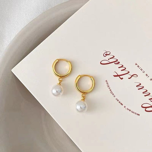 1 pair elegant simple style round plating inlay titanium steel pearl drop earrings