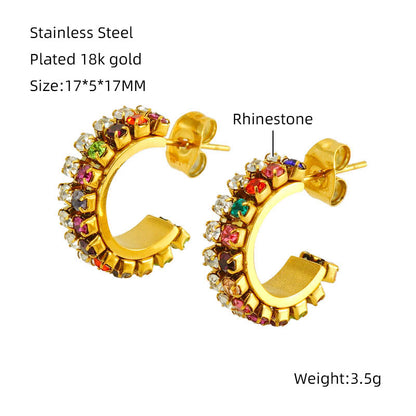 1 pair elegant lady c shape plating inlay stainless steel zircon 18k gold plated ear studs