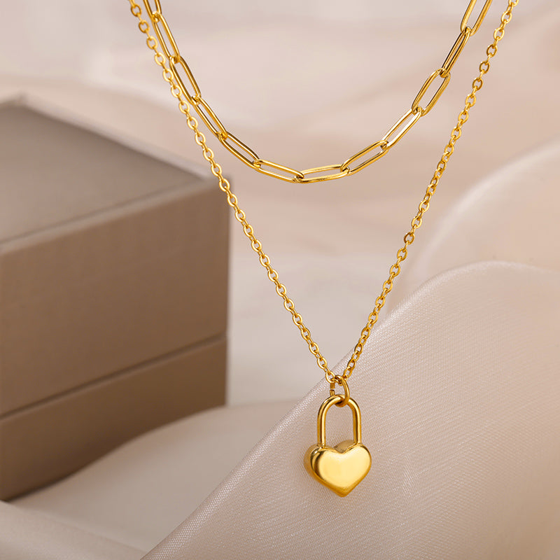 Simple style heart shape stainless steel chain 18k gold plated double layer necklaces