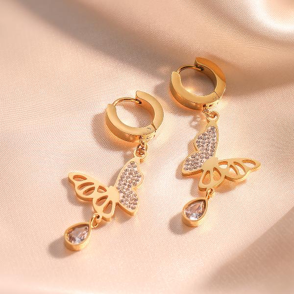 1 pair simple style commute butterfly plating inlay titanium steel zircon 18k gold plated drop earrings