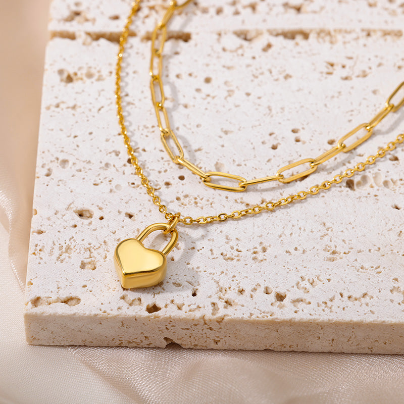 Simple style heart shape stainless steel chain 18k gold plated double layer necklaces