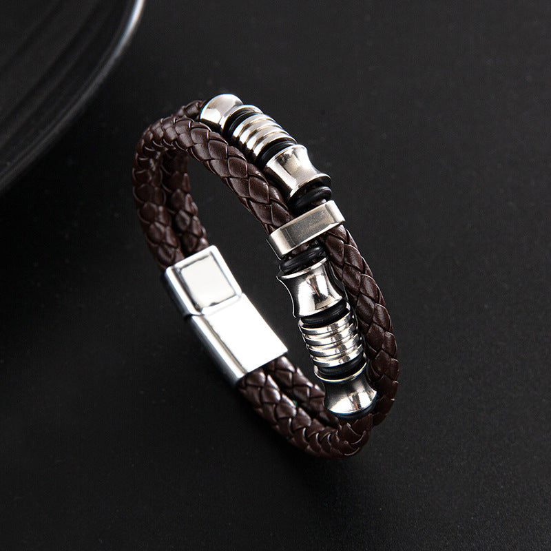 Punk solid color stainless steel pu leather men's wristband