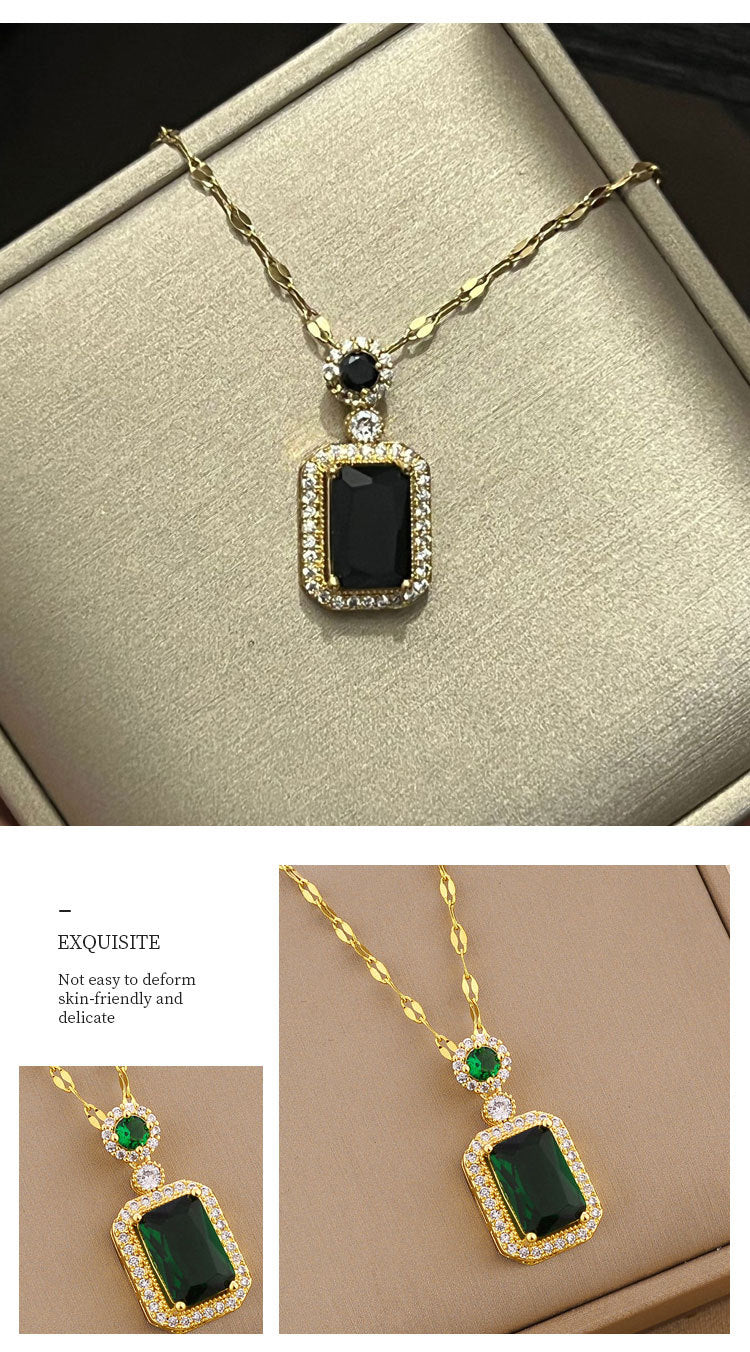 Fashion square titanium steel plating inlay rhinestones zircon pendant necklace 1 piece