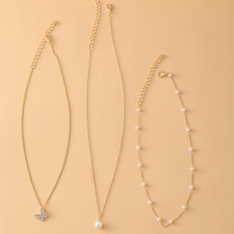 Retro multi-layered clavicle simple butterfly pearl pendant bead alloy chain