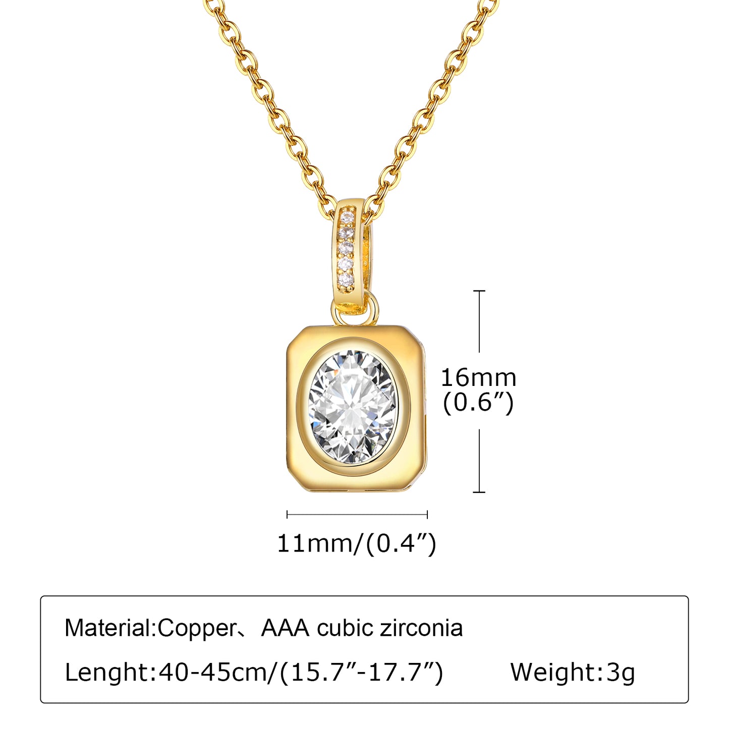 french style square stainless steel copper plating inlay zircon 18k gold plated pendant necklace