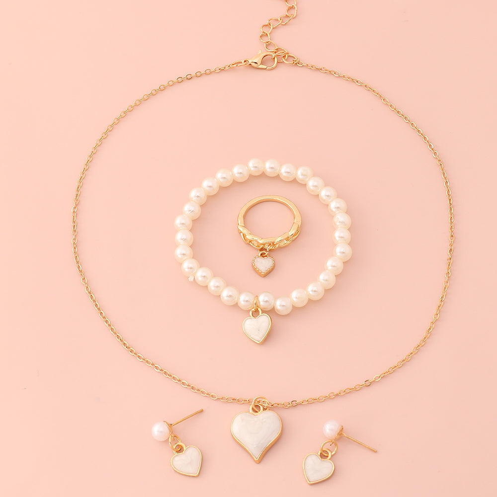 Peach heart alloy pearl jewelry 5-piece set