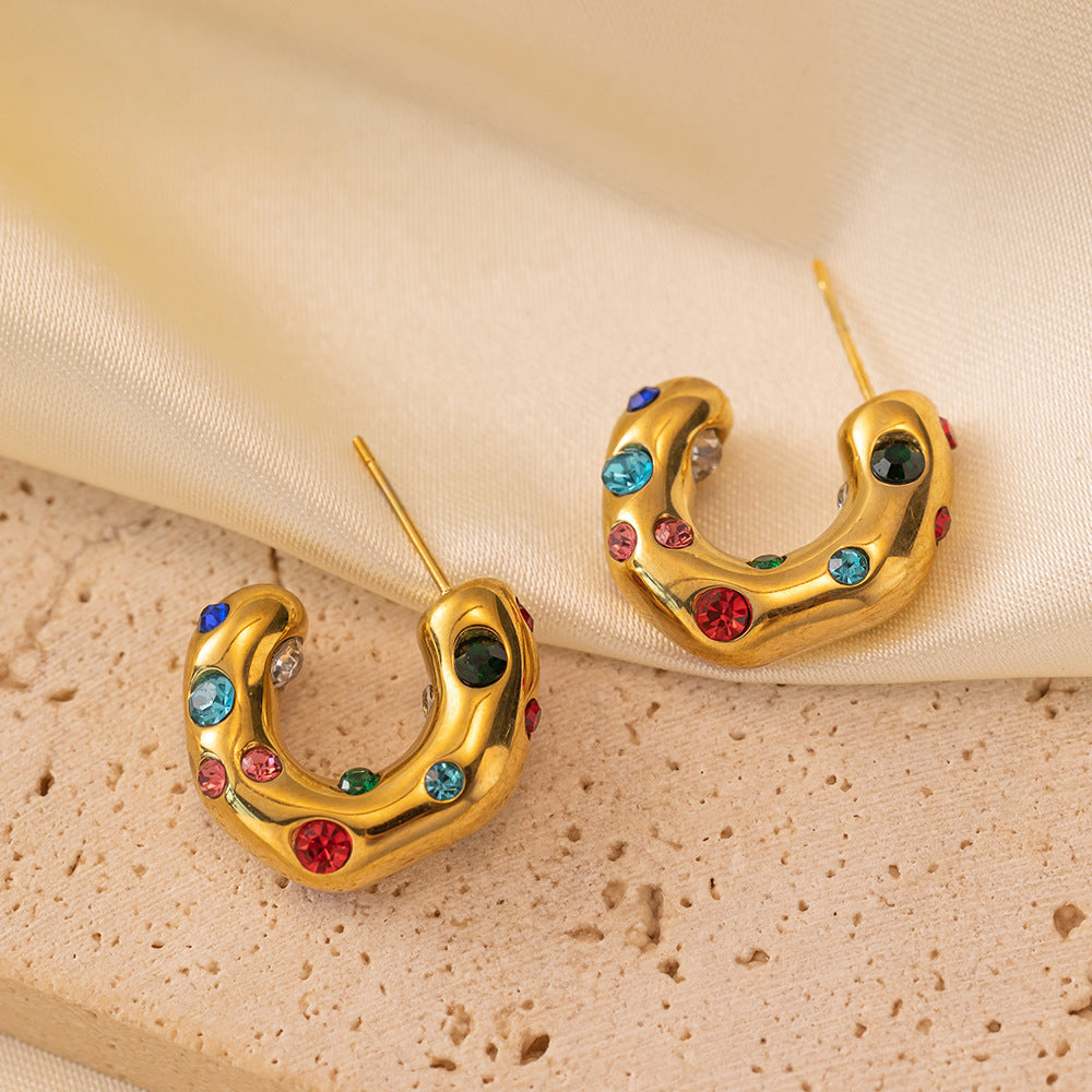 1 pair retro commute c shape color block plating inlay titanium steel artificial rhinestones 18k gold plated ear studs