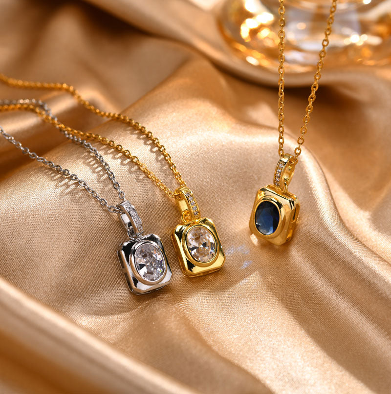 french style square stainless steel copper plating inlay zircon 18k gold plated pendant necklace