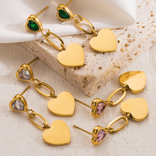 1 pair elegant sweet heart shape plating stainless steel zircon 18k gold plated drop earrings