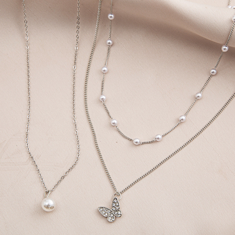 Retro multi-layered clavicle simple butterfly pearl pendant bead alloy chain