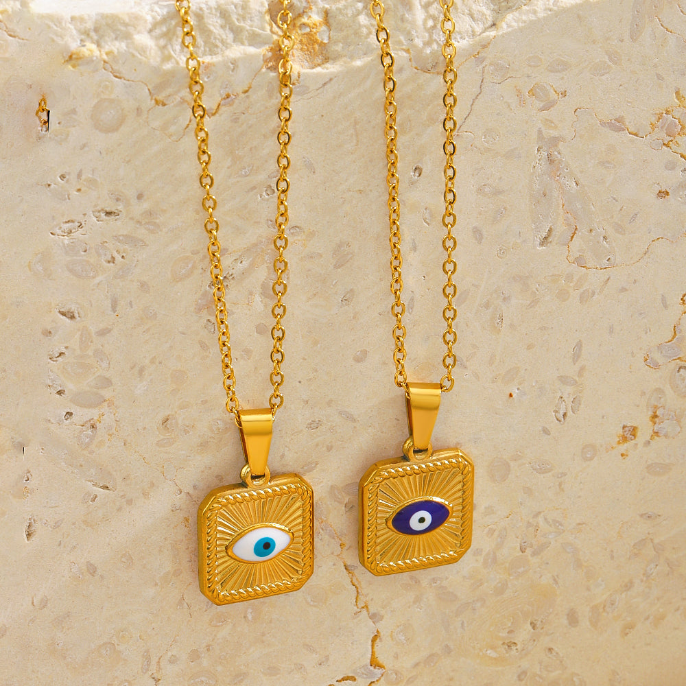 Casual devil's eye square stainless steel enamel plating 18k gold plated necklace