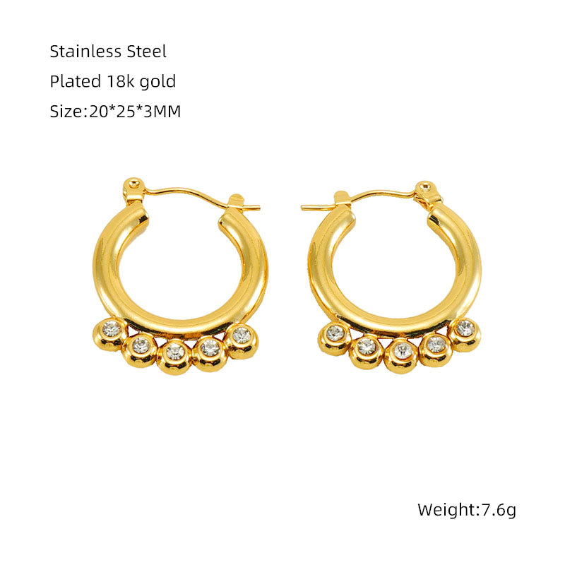 1 pair business simple style round polishing plating inlay stainless steel titanium steel rhinestones zircon 18k gold plated earrings