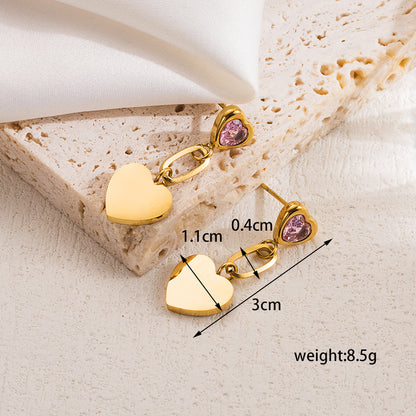 1 pair elegant sweet heart shape plating stainless steel zircon 18k gold plated drop earrings