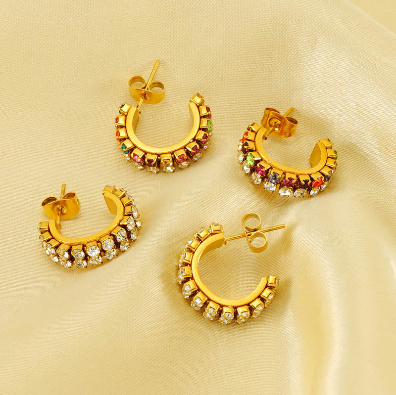 1 pair elegant lady c shape plating inlay stainless steel zircon 18k gold plated ear studs