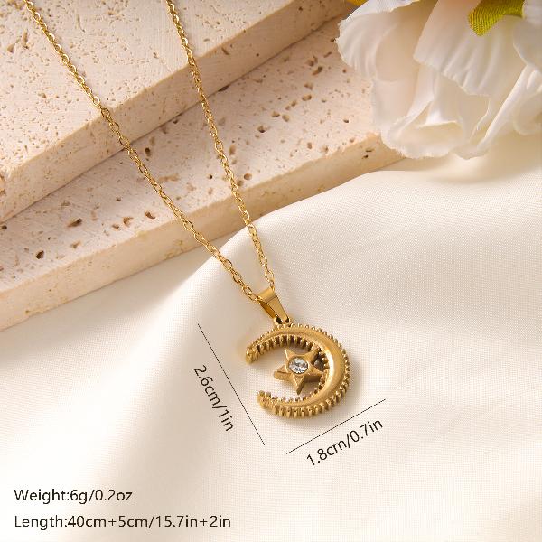 Elegant vintage style french style star moon eye stainless steel plating inlay zircon 18k gold plated pendant necklace