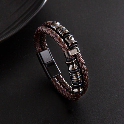 Punk solid color stainless steel pu leather men's wristband