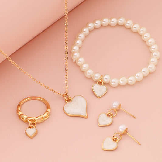 Peach heart alloy pearl jewelry 5-piece set