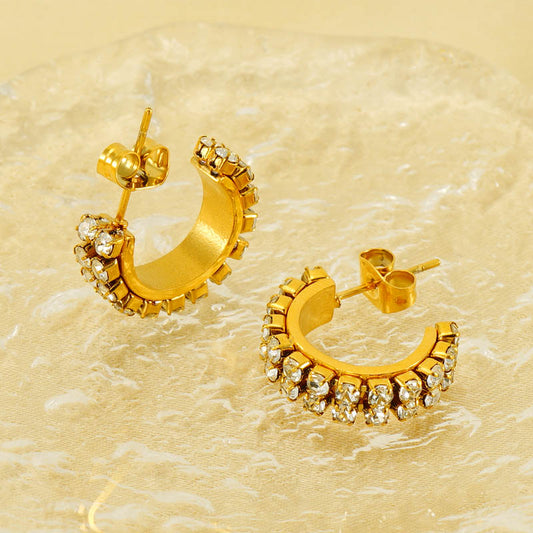 1 pair elegant lady c shape plating inlay stainless steel zircon 18k gold plated ear studs