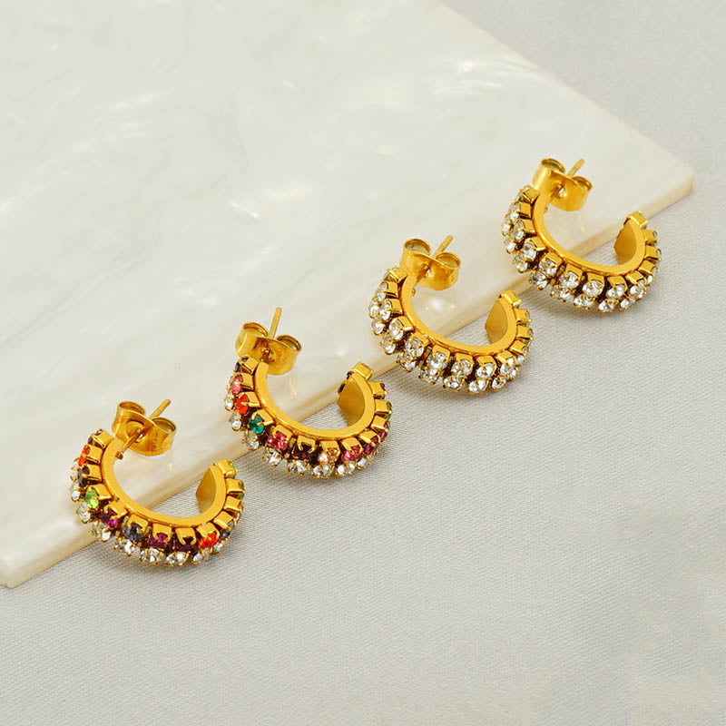 1 pair elegant lady c shape plating inlay stainless steel zircon 18k gold plated ear studs