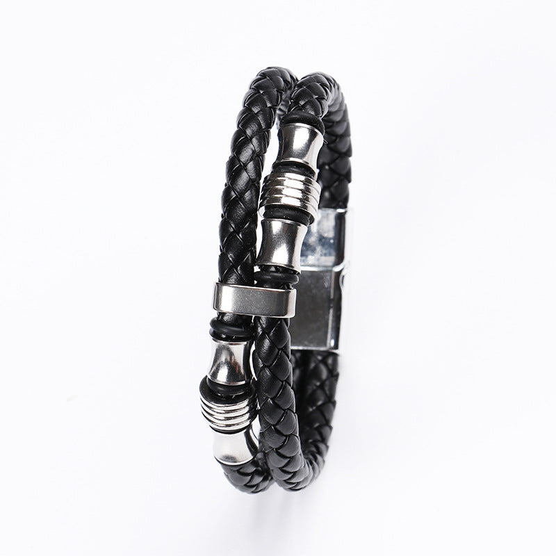 Punk solid color stainless steel pu leather men's wristband