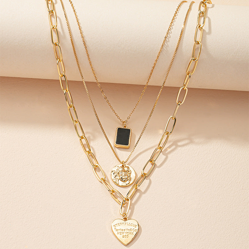 Layered female portrait alloy necklace gold heart-shaped pendant