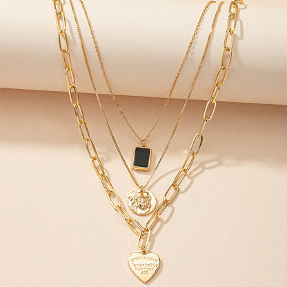 Layered female portrait alloy necklace gold heart-shaped pendant