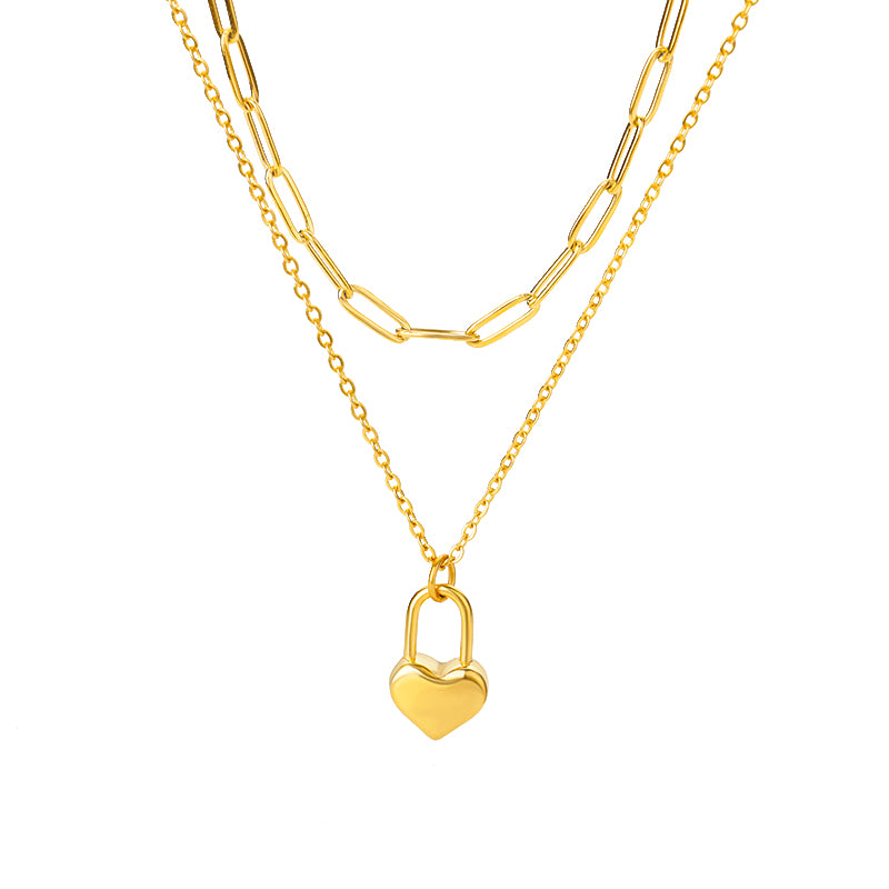 Simple style heart shape stainless steel chain 18k gold plated double layer necklaces