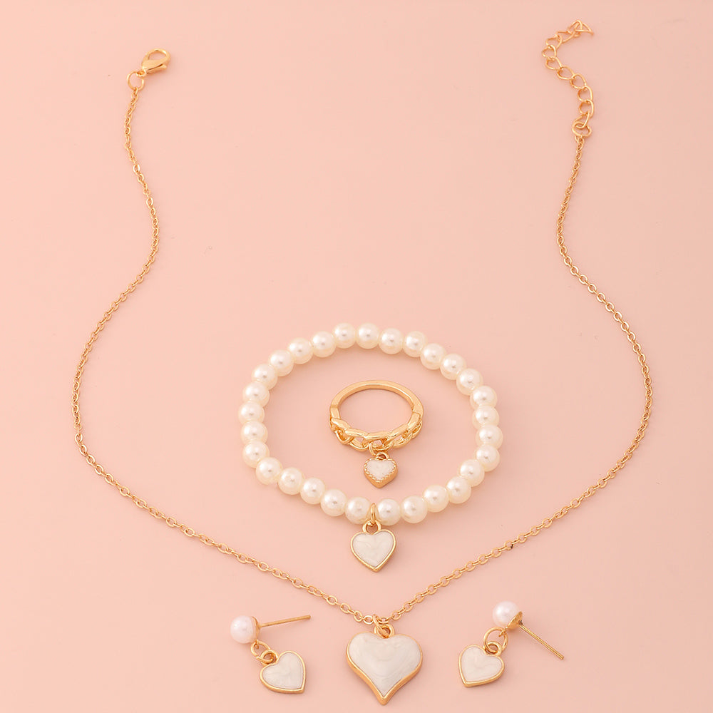 Peach heart alloy pearl jewelry 5-piece set